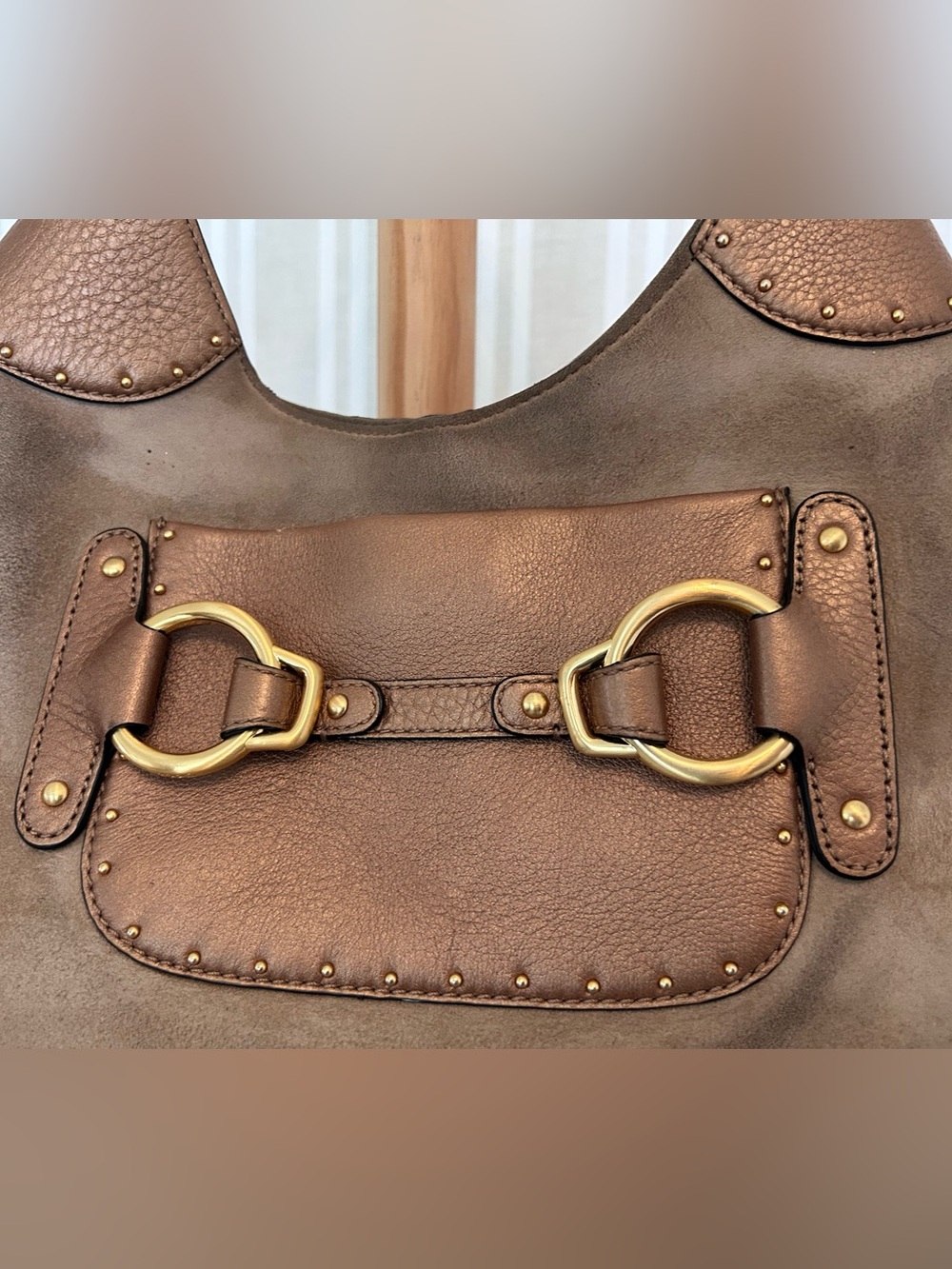 COLE HAAN STEPHANIE SUEDE bronze studded leather horsebit hobo equastrian bag - Picture 2 of 11